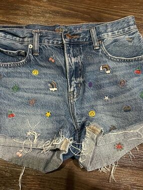 American Eagle Embroidered Denim Cutoff Shorts - Light Blue